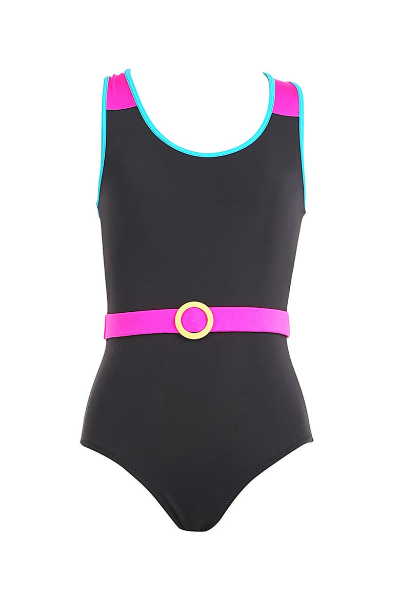 Color-Block Shoulders Neon Pink Belt and Turquoise Trim One-Piece Swimsuit, Main, color, Black