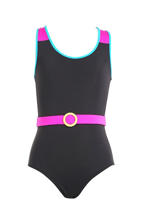 Color-Block Shoulders Neon Pink Belt and Turquoise Trim One-Piece Swimsuit