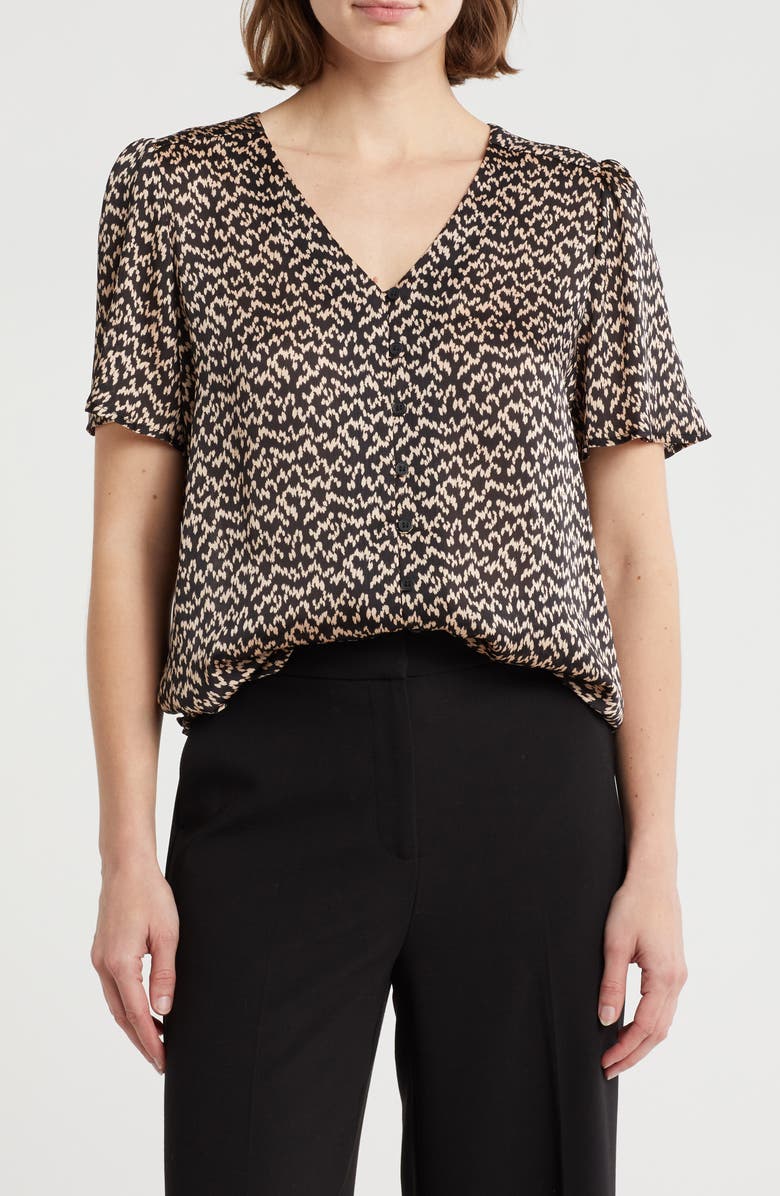 Pleione V-Neck Button Top, Main, color, Black Taupe Geo Print