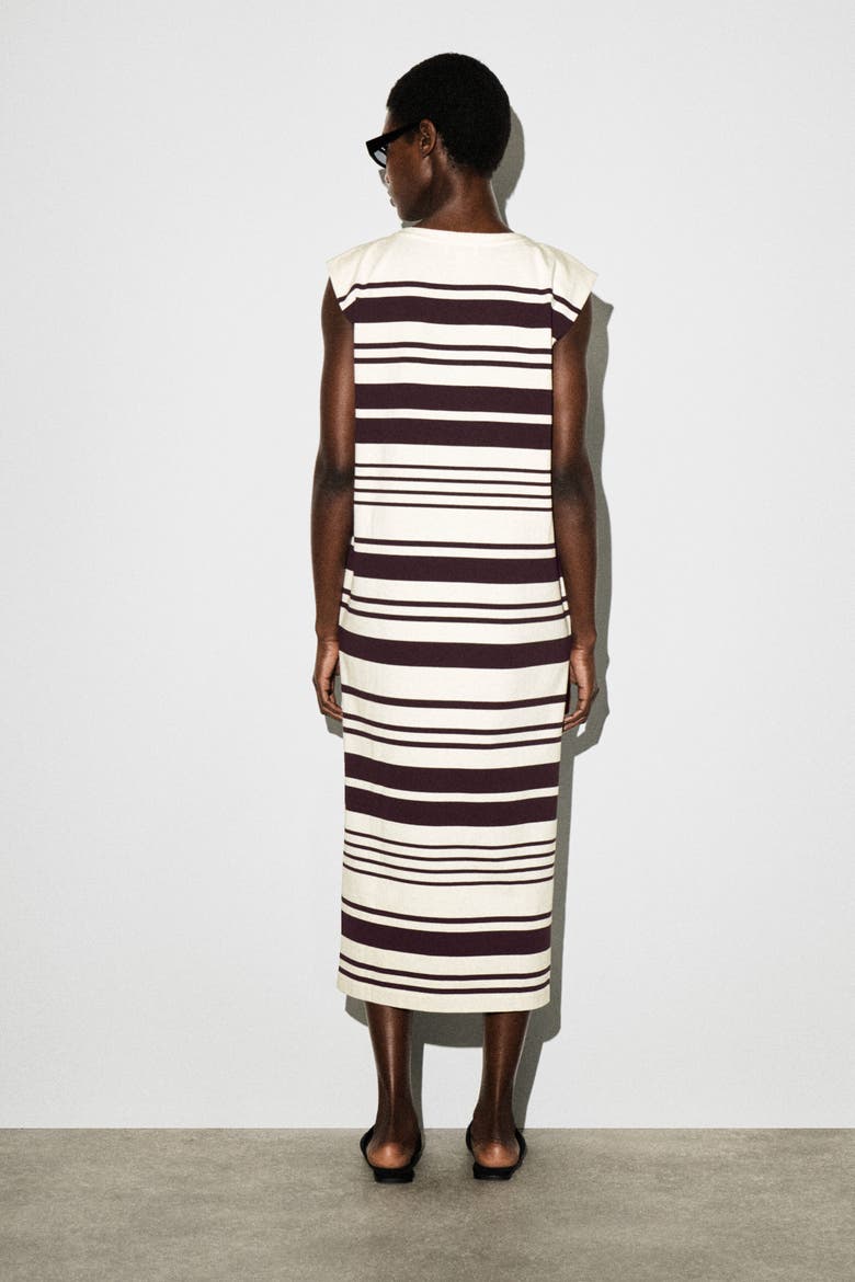 Folded-shoulder Cotton-jersey Midi Dress, Alternate, color, WHITE / BROWN / STRIPED