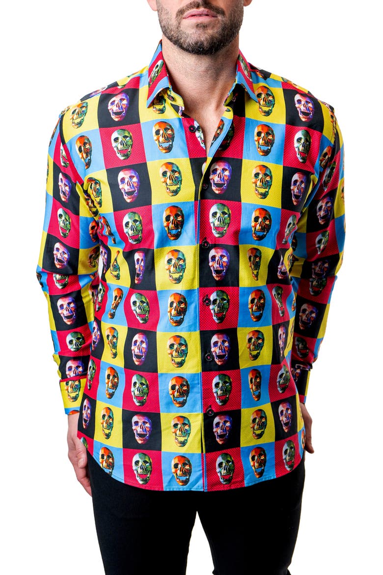 Fibonacci Worhol Skull Multi Button-Up Shirt, Alternate, color, BLUE MULTI