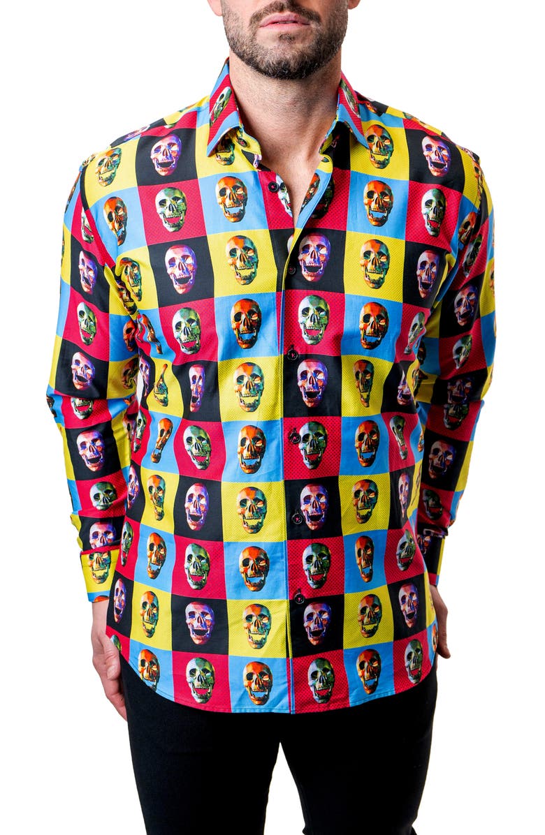 Maceoo Fibonacci Worhol Skull Multi Button-Up Shirt, Alternate, color, Blue Multi