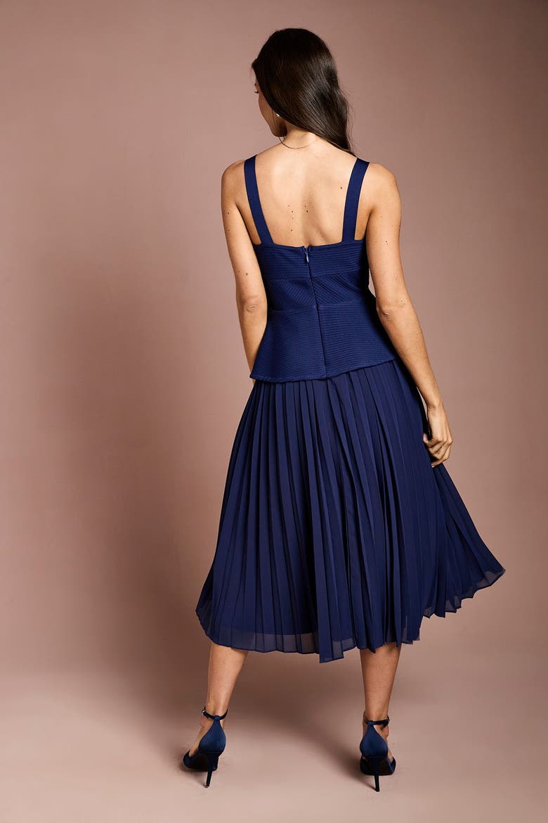 Bandage Square Neck Pleated Midi Dress, Alternate, color, Navy