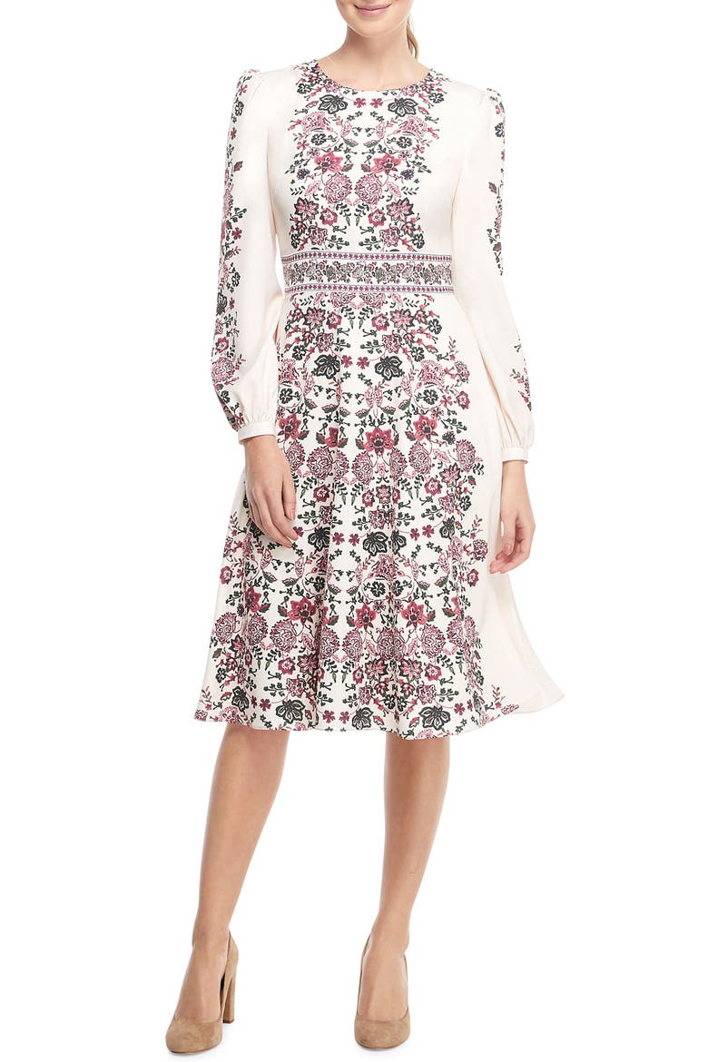 Chloe Floral Border Print A-Line Dress (Nordstrom Exclusive), Main, color, BEIGE/ BURGUNDY