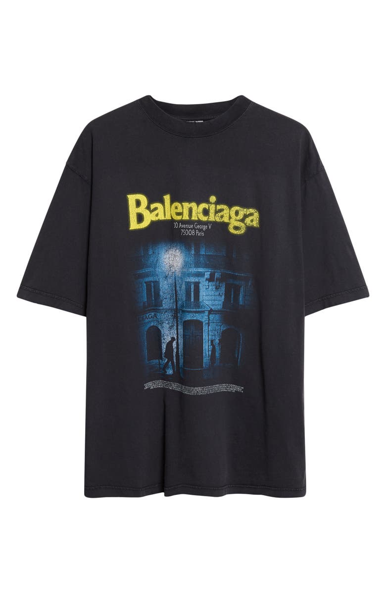 Balenciaga Medium Fit Distressed The Address Graphic T-Shirt, Main, color, Faded Washed Black