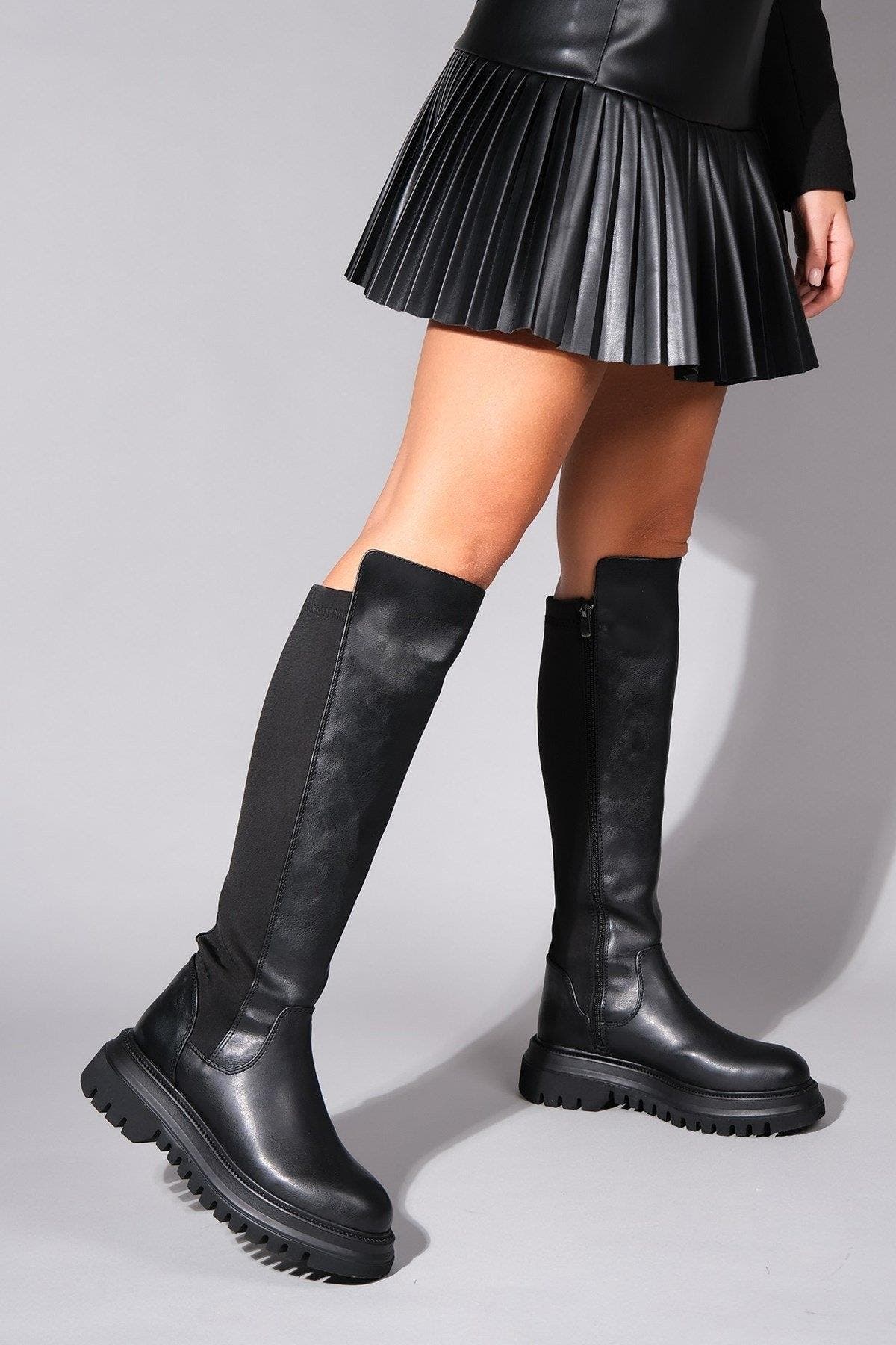 Prologue Shoes Paul Stretch Knee High Boot, Alternate, color, Black Stretch Faux Leather