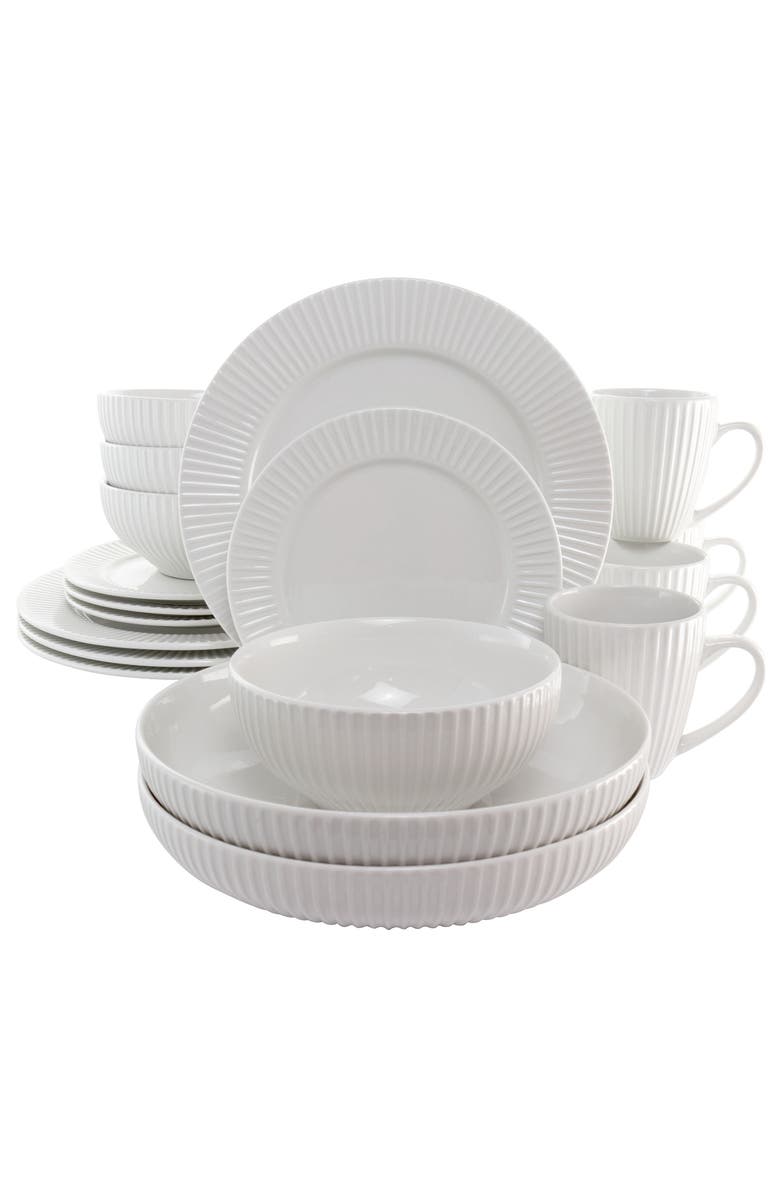 Elama Elle 18 Piece Porcelain Dinnerware Set with 2 Large Serving Bowls, Main, color, White