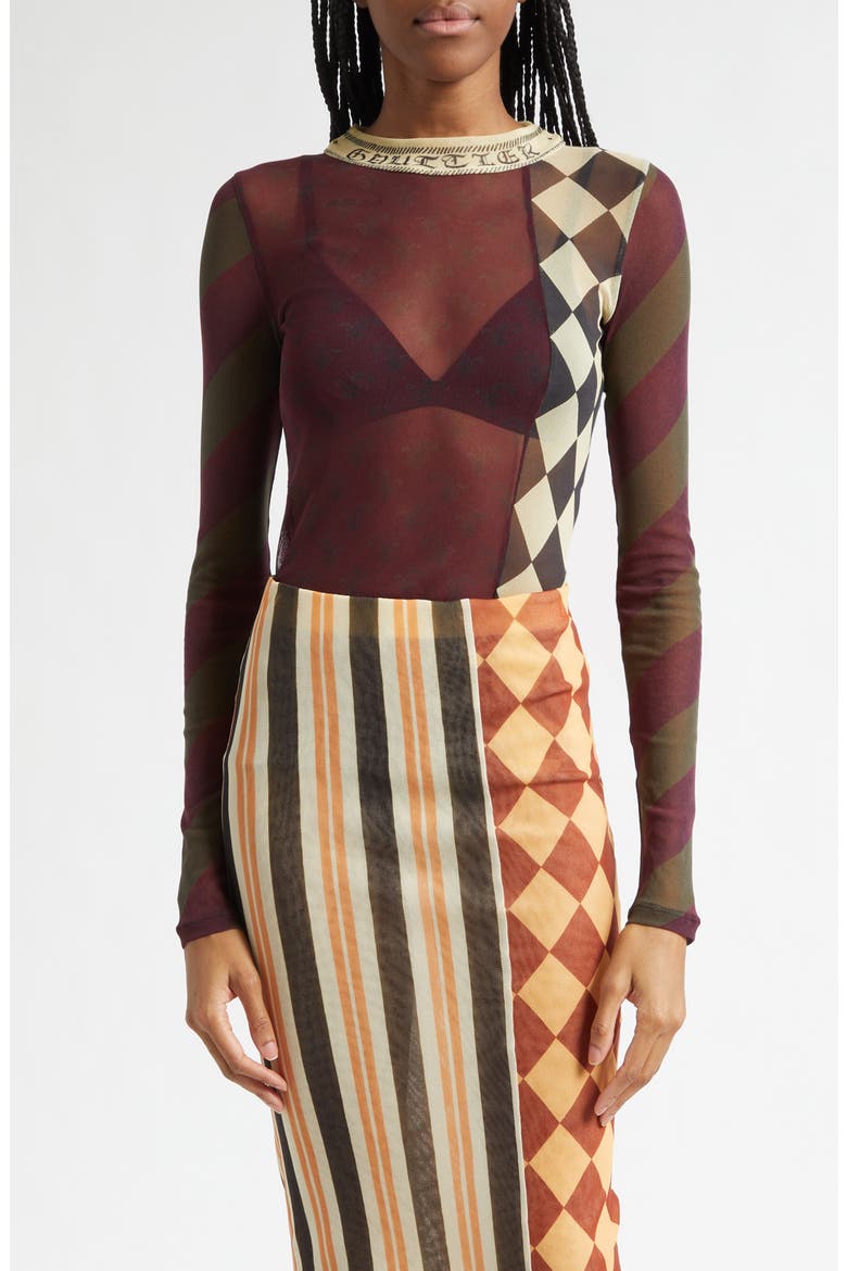 Checkerboard Long Sleeve Mesh Top, Main, color, BURGUNDY MULTICOLOR