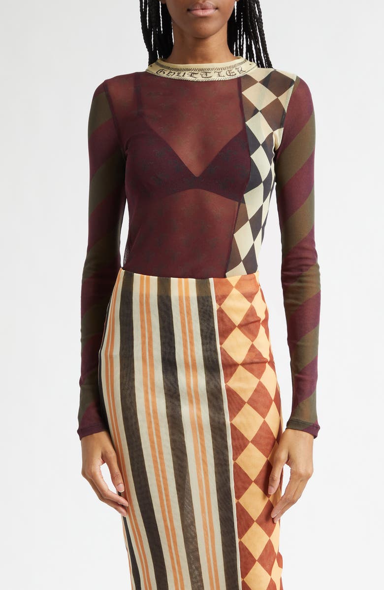 Jean Paul Gaultier Checkerboard Long Sleeve Mesh Top, Main, color, Burgundy Multicolor