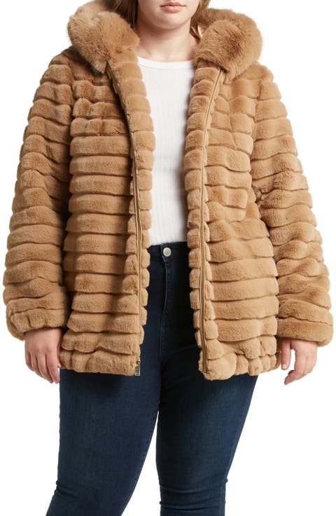 Hooded Faux Fur Jacket (Plus)