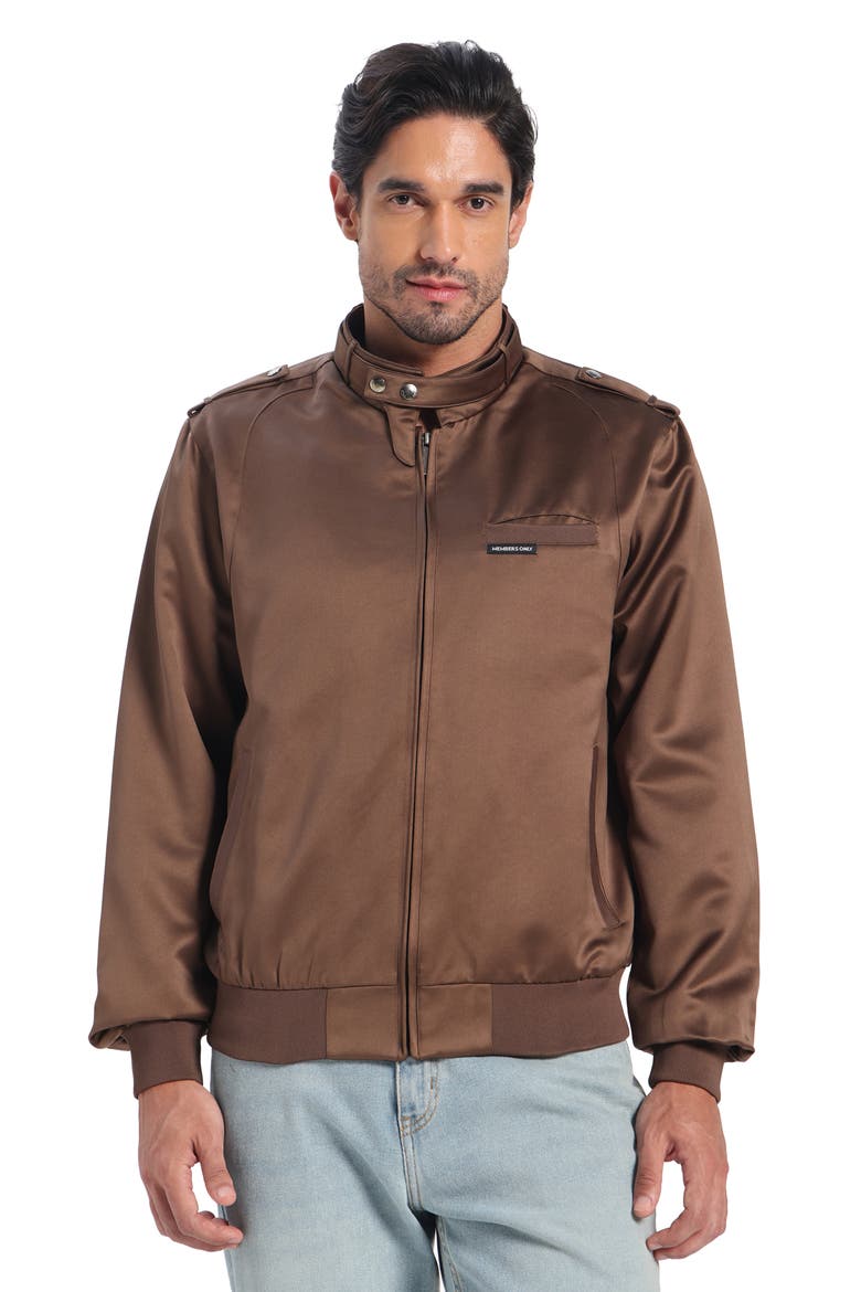 Men's Classic Satin Iconic Racer Jacket, Main, color, Brown