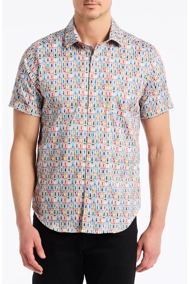 Livingston Stretch Short Sleeve Button-Up Shirt, Main, color, WHITE/ DOORS