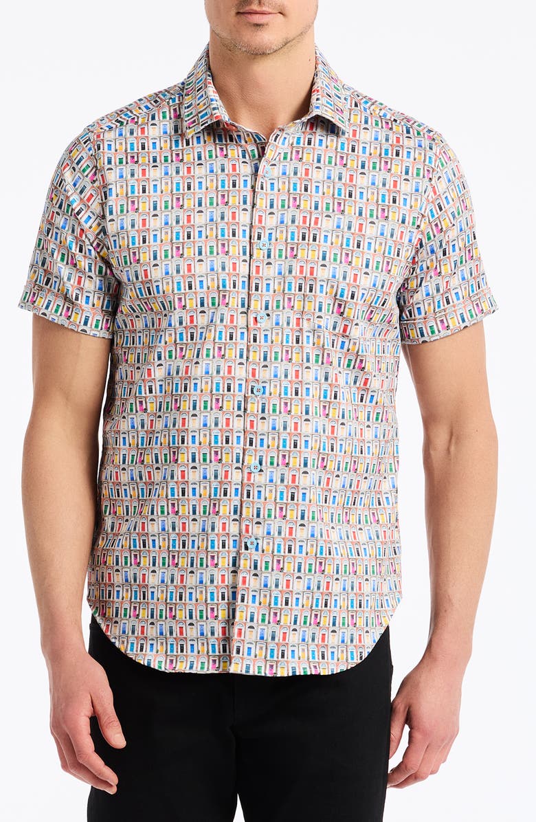 Robert Graham Livingston Stretch Short Sleeve Button-Up Shirt, Main, color, White/ Doors