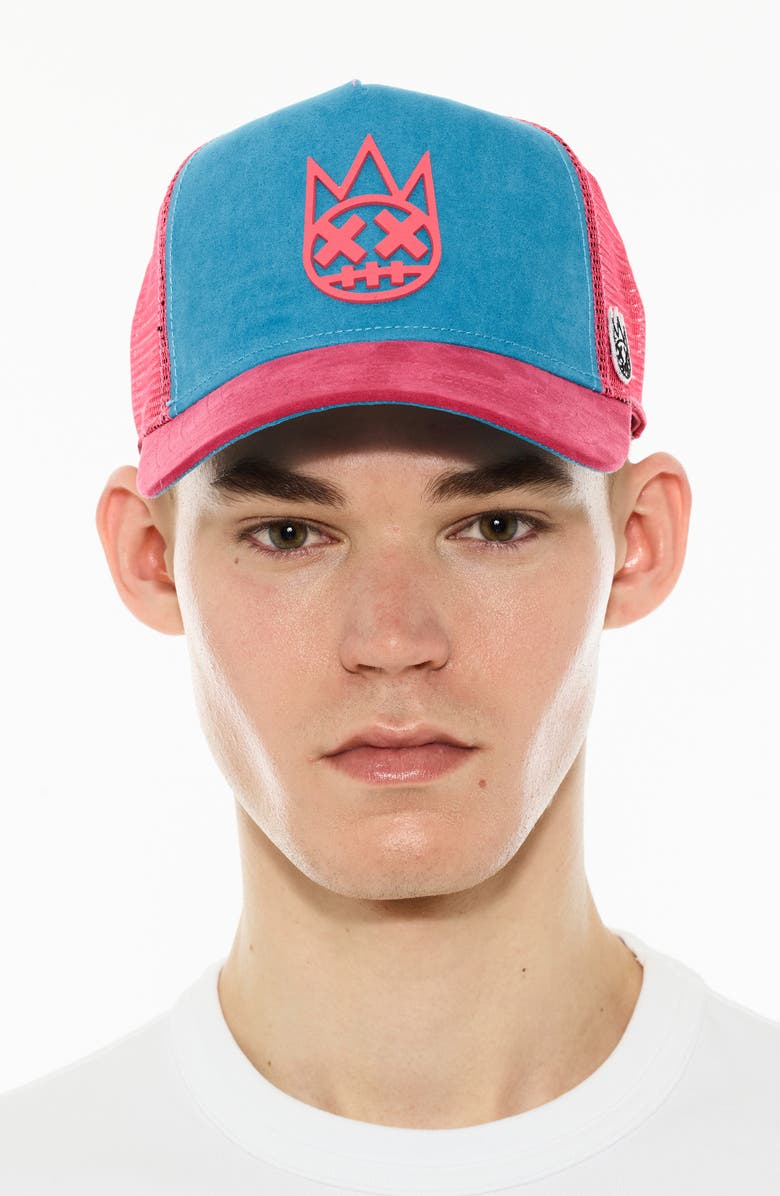 Cult of Individuality Logo Mesh Back Suede Trucker Hat, Main, color, Electric Blue