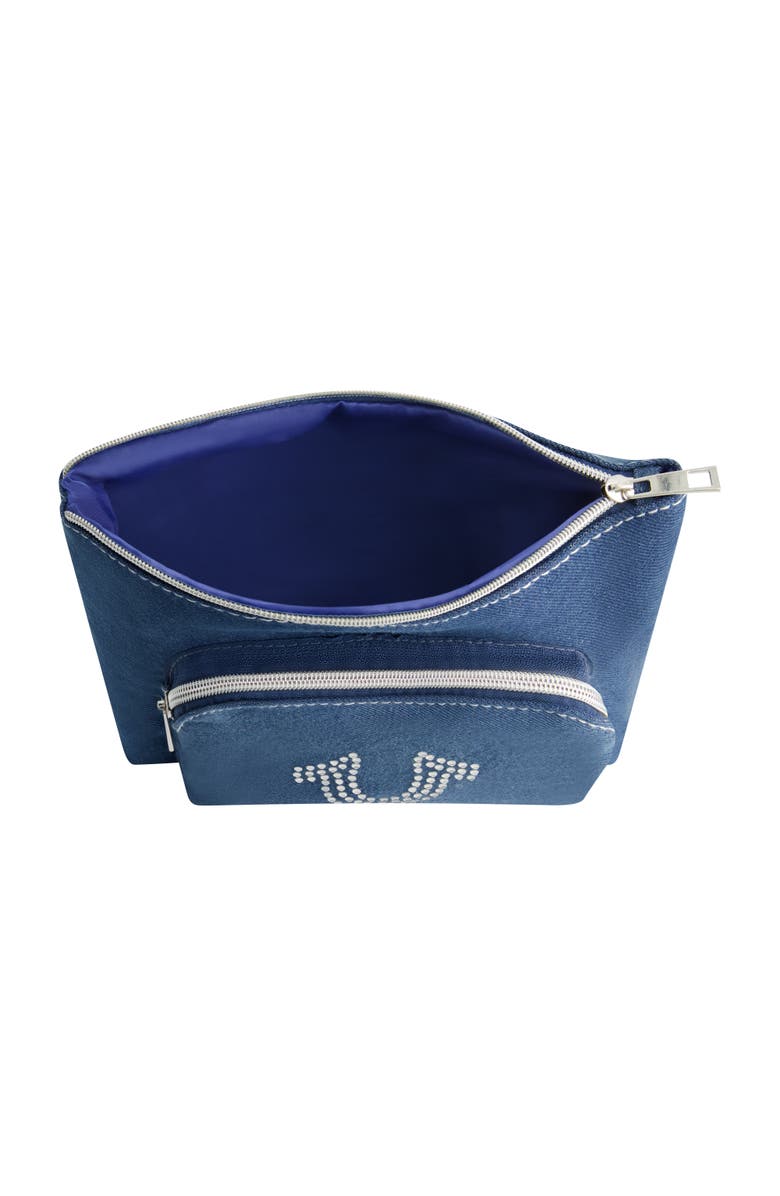 True Religion Trapezoid Zip Cosmetic Bag with Exterior Zip Pocket, Alternate, color, Denim