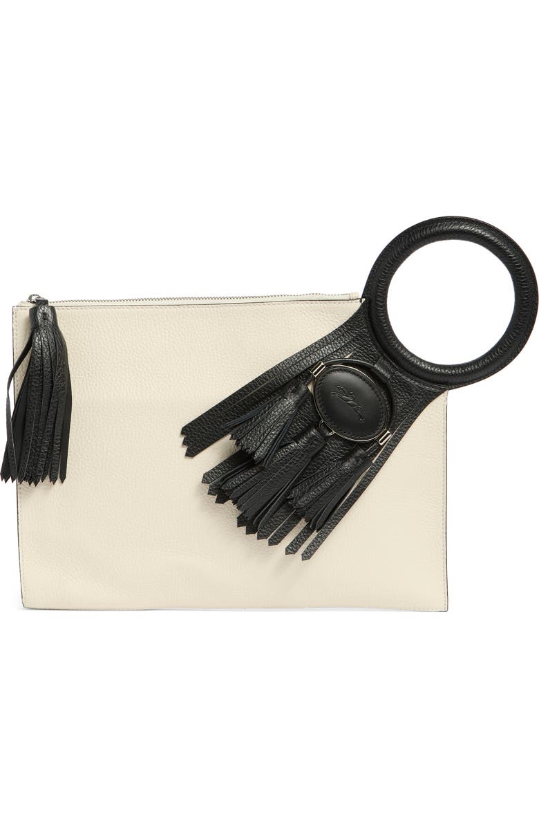 Longchamp Tassel Leather Clutch, Main, color, Ivory
