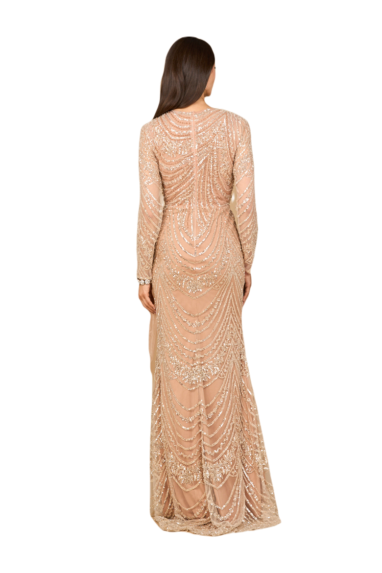 Beaded Long Sleeve Gown with Tulle Applique, Alternate, color, Dusty Rose