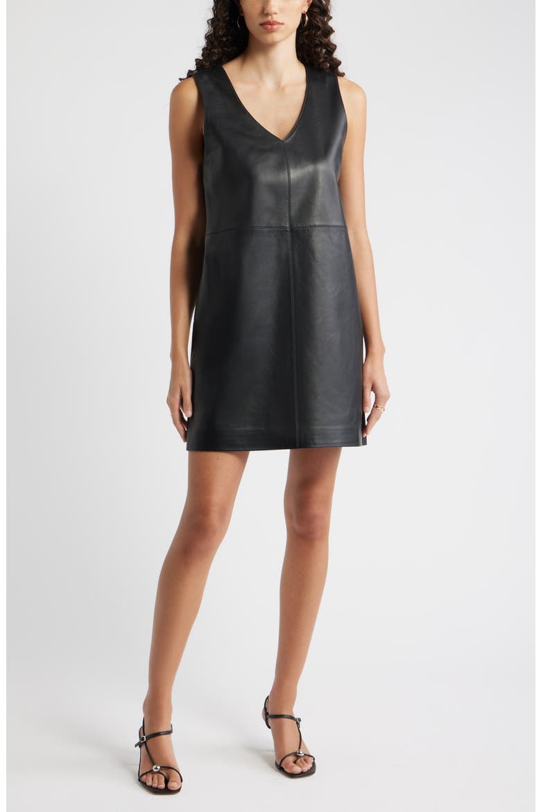 Sleeveless Leather V-Neck Minidress, Main, color, BLACK