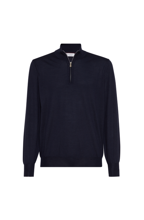 Brunello Cucinelli Sweater With Half Zipper In Navy Blue