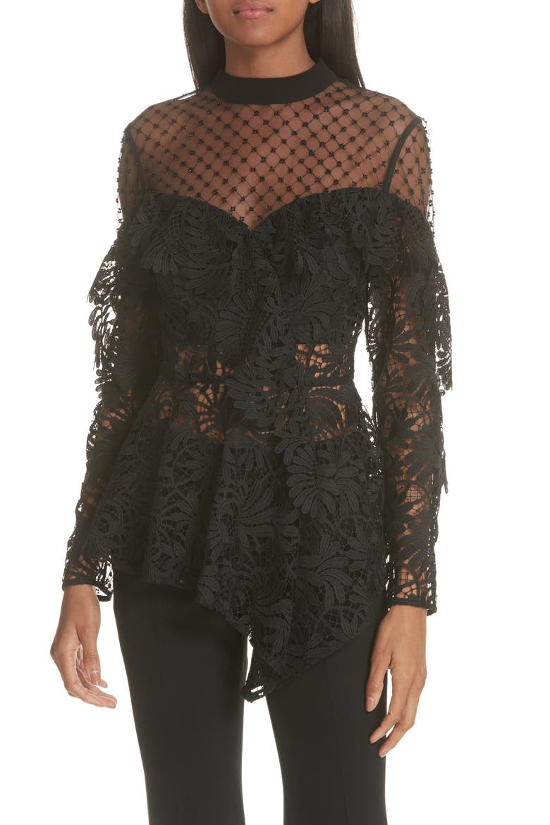 Beaded Yoke Lace Handkerchief Hem Top, Main, color, BLACK