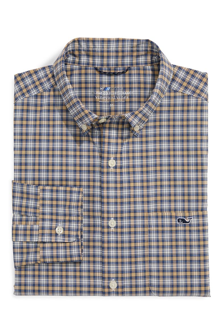 Classic Fit On-the-Go Performance Plaid Button-Down Shirt, Alternate, color, TOASTED ALMOND PLAID