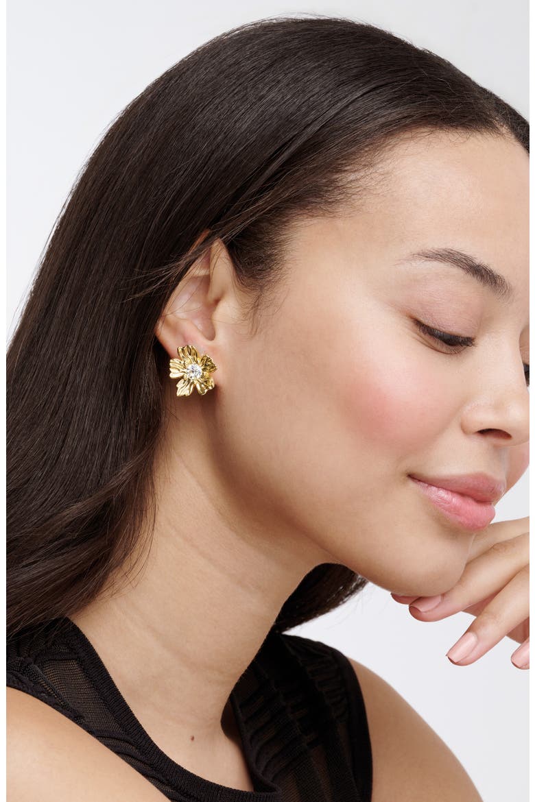 Petulia Flower Statement Stud Earrings, Alternate, color, GOLD TONE / CLEAR CRYSTAL