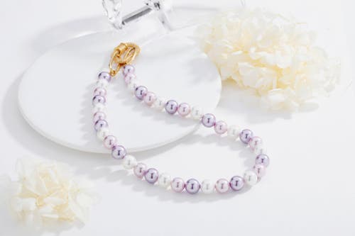 Classicharms Shell Pearl Necklace With Gem-encrusted Carabiner Lock In Purple