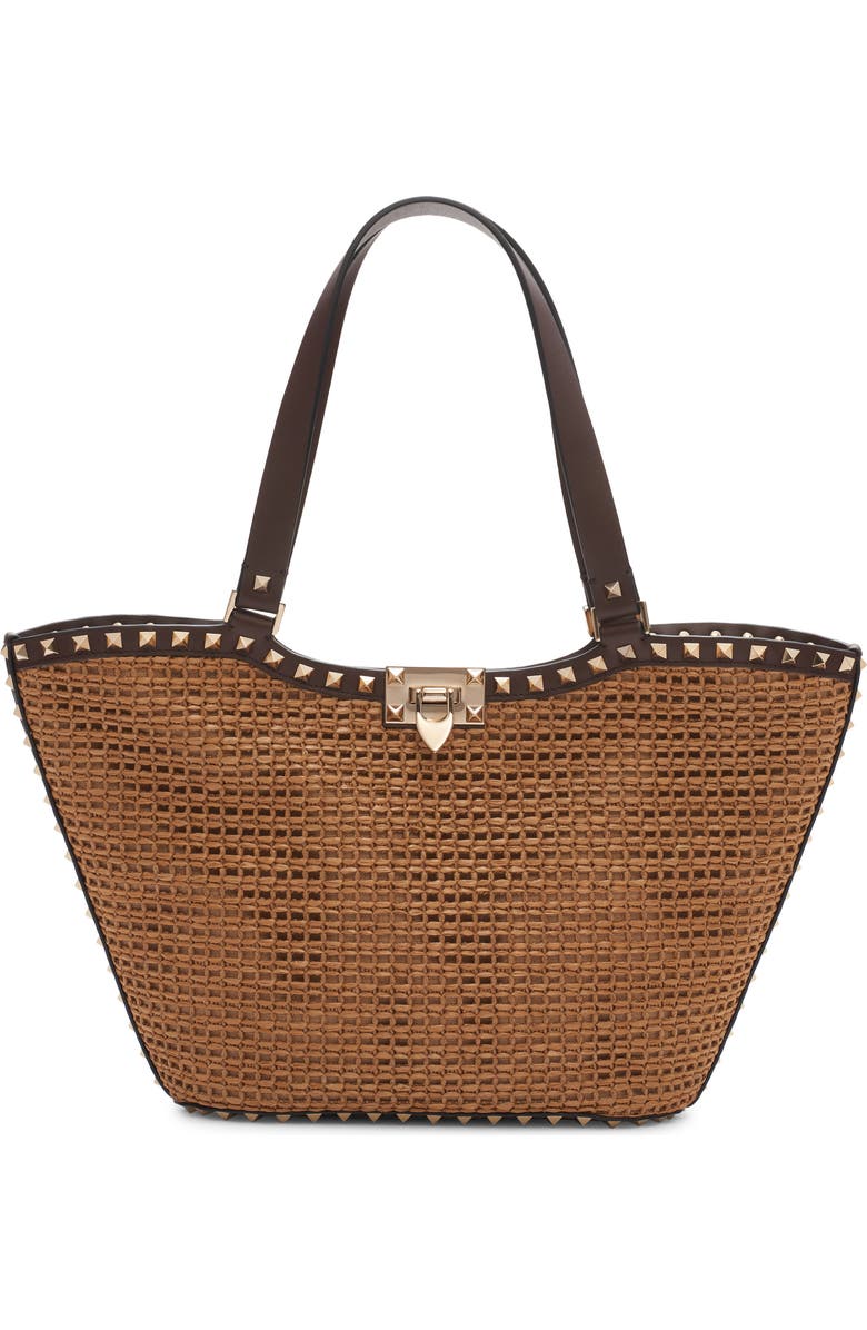 Valentino Garavani Small Rockstud Woven Raffia Tote, Main, color,