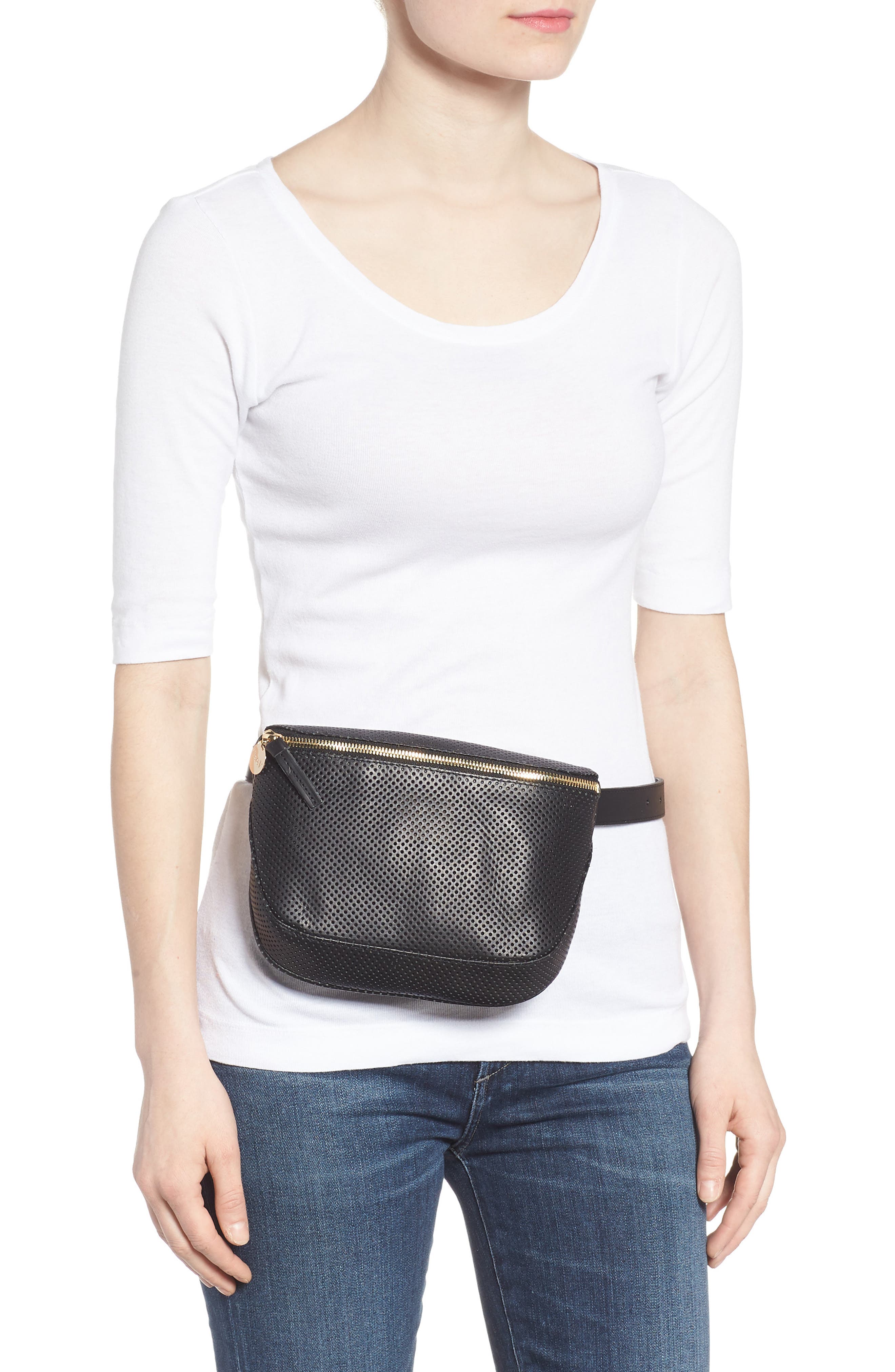 Clare V. Perforated Leather Fanny Pack, Alternate, color, 