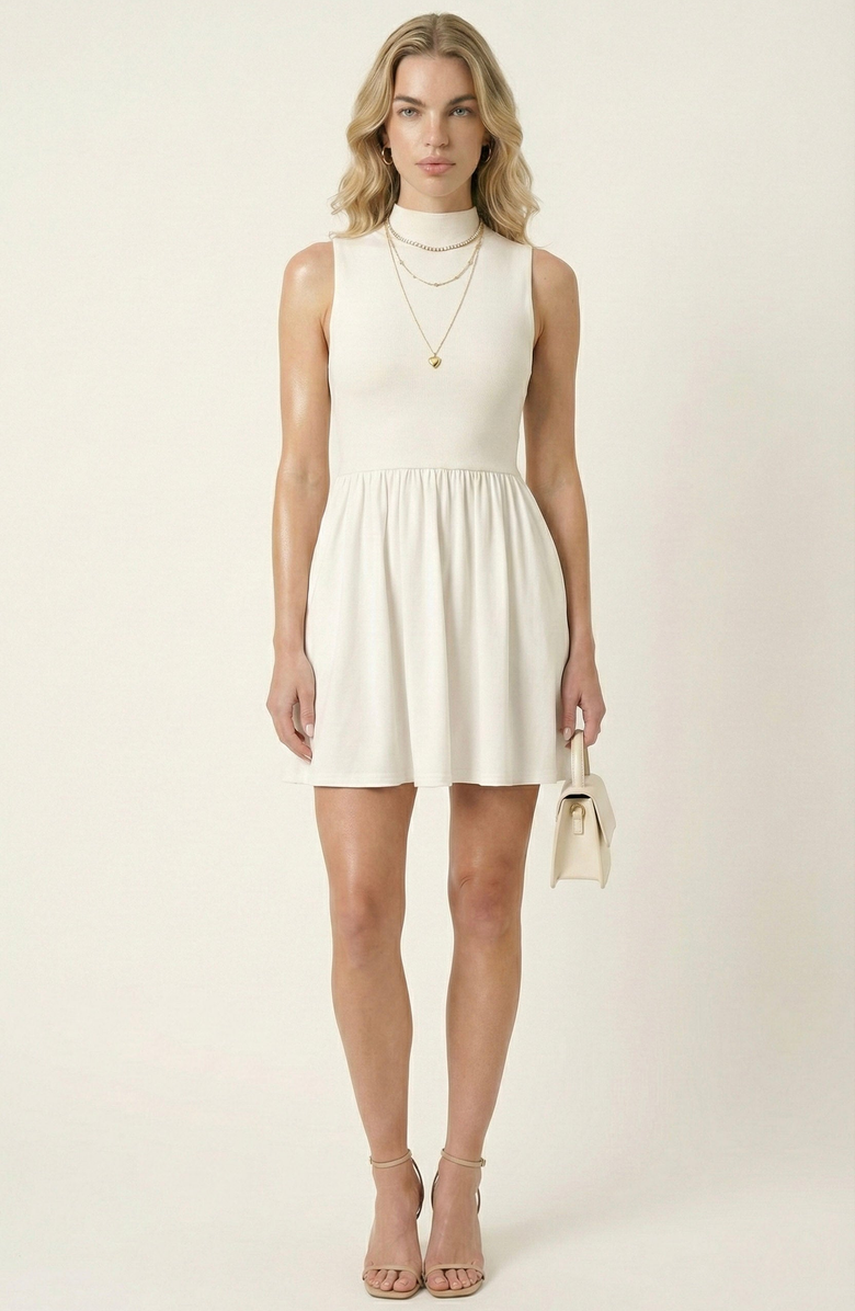 Modenaire Mock Neck Sleeveless Mini Dress, Main, color, Ivory