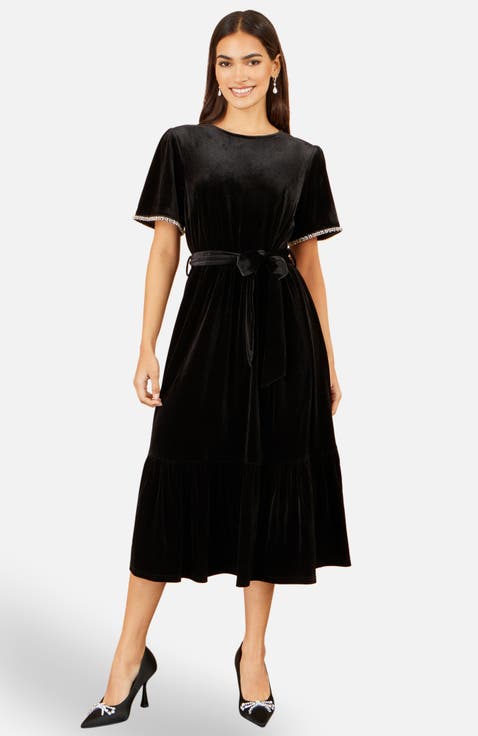 Velvet Embellished Sleeve Midi Dress
