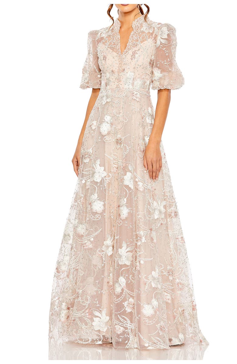Mac Duggal Petite Embroidered Queen Anne Puff Sleeve A Line Gown, Main, color, Blush