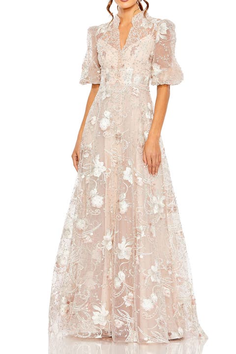 Petite Embroidered Queen Anne Puff Sleeve A Line Gown
