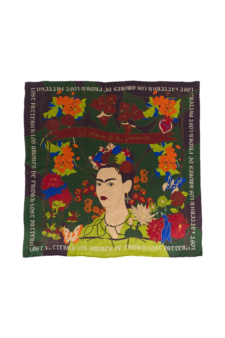 FRIDA x LOST PATTERN "Los Amores de Frida" Large Silk Scarf, Main, color, Dark Green