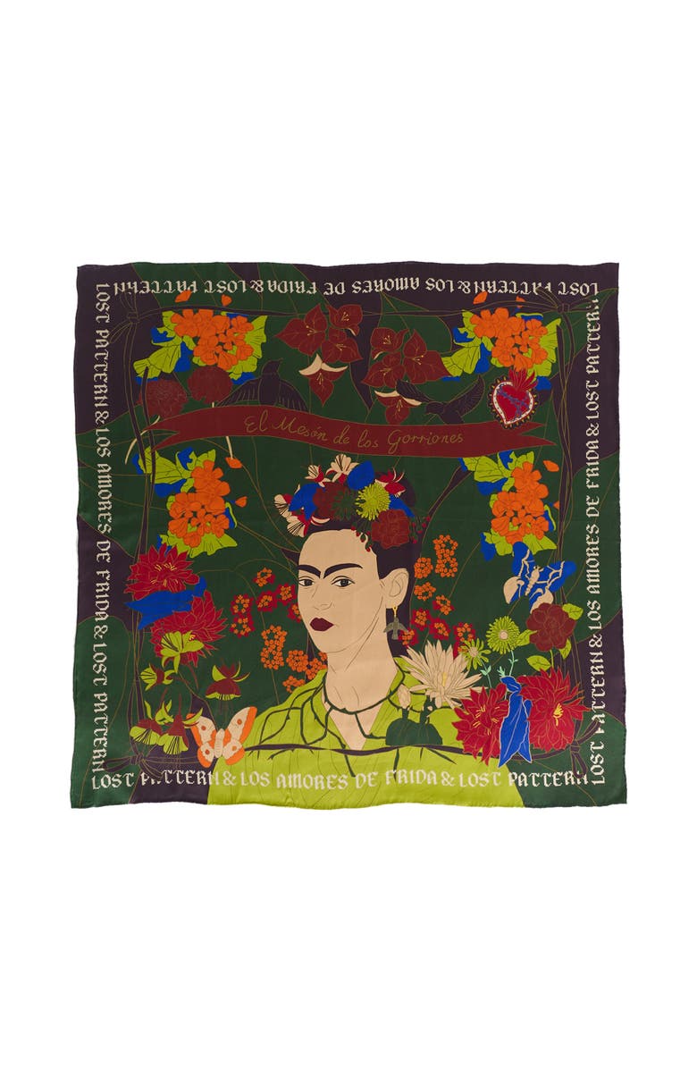 Lost Pattern FRIDA x LOST PATTERN "Los Amores de Frida" Large Silk Scarf, Main, color, Dark Green