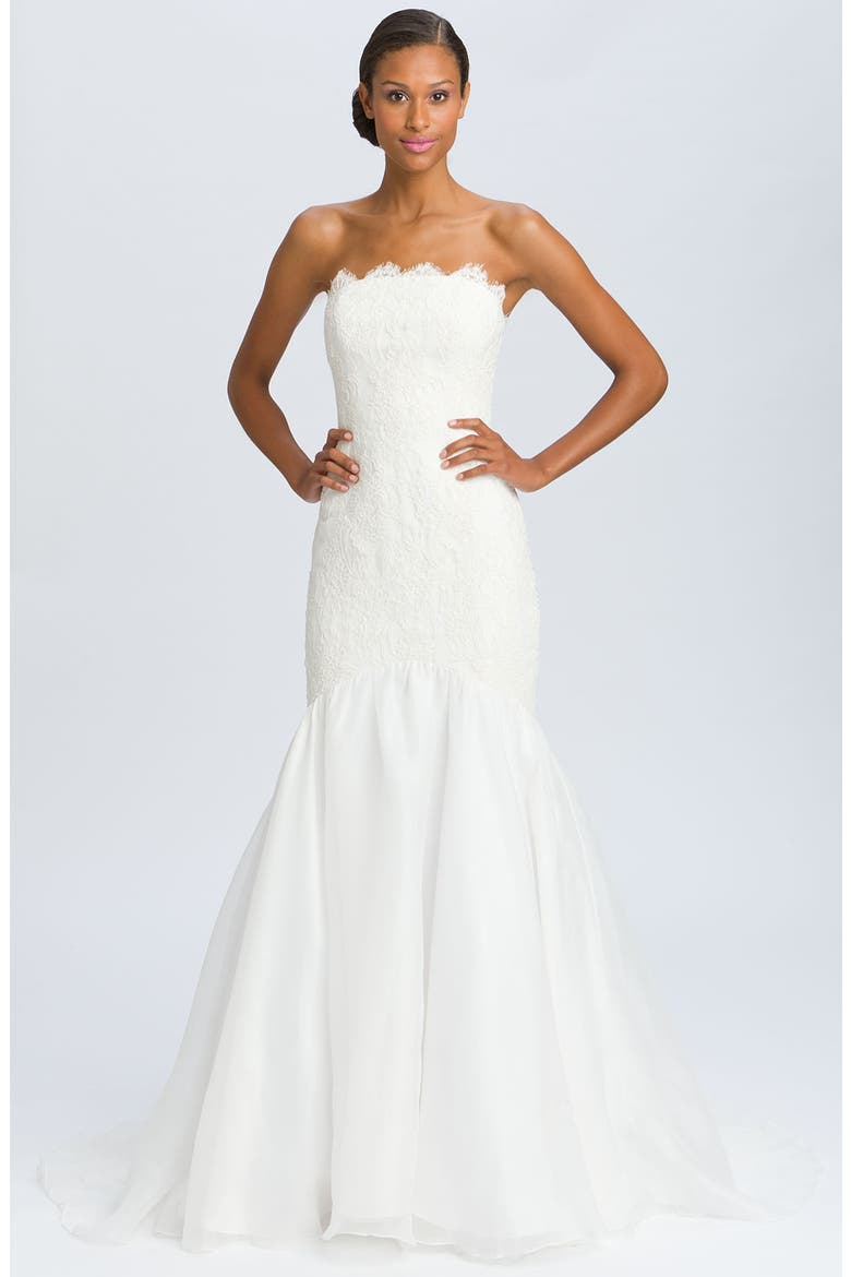 Lace Overlay Strapless Mermaid Gown, Main, color, OFF WHITE