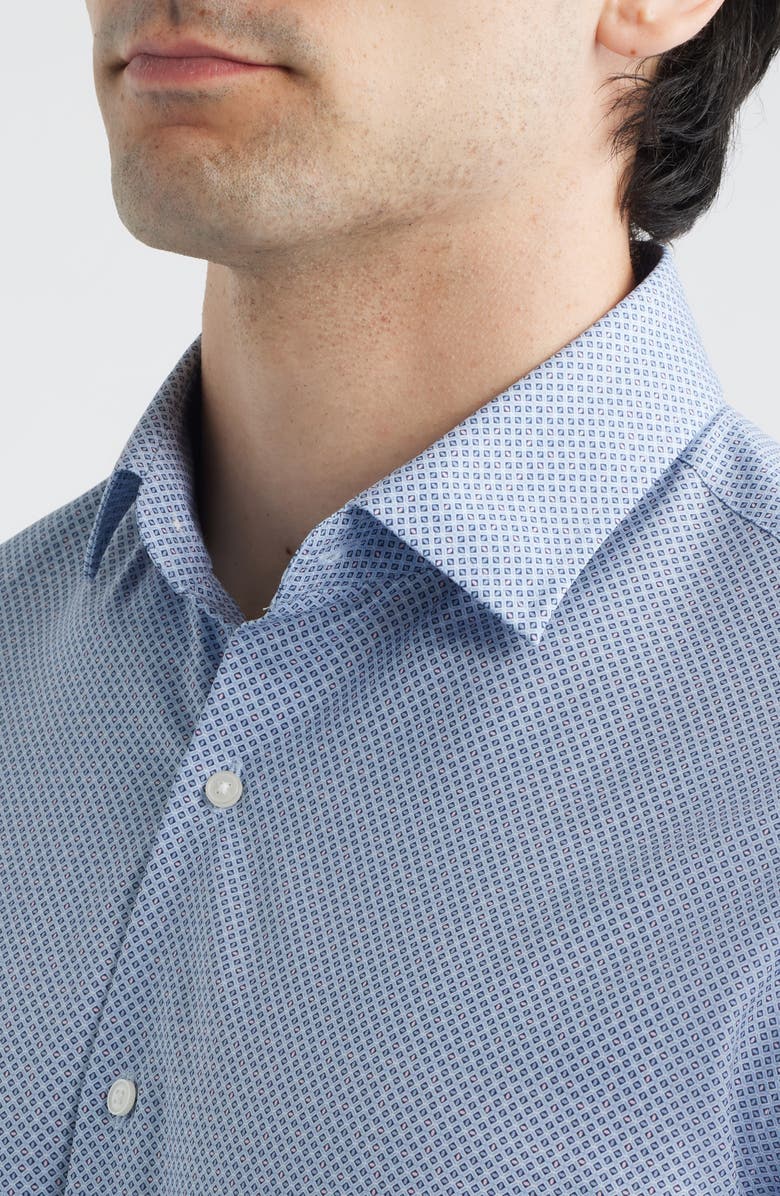 Peter Millar Patton Tailoref Fit Microprint Short Sleeve Performance Poplin Button-Up Shirt, Alternate, color, Cottage Blue