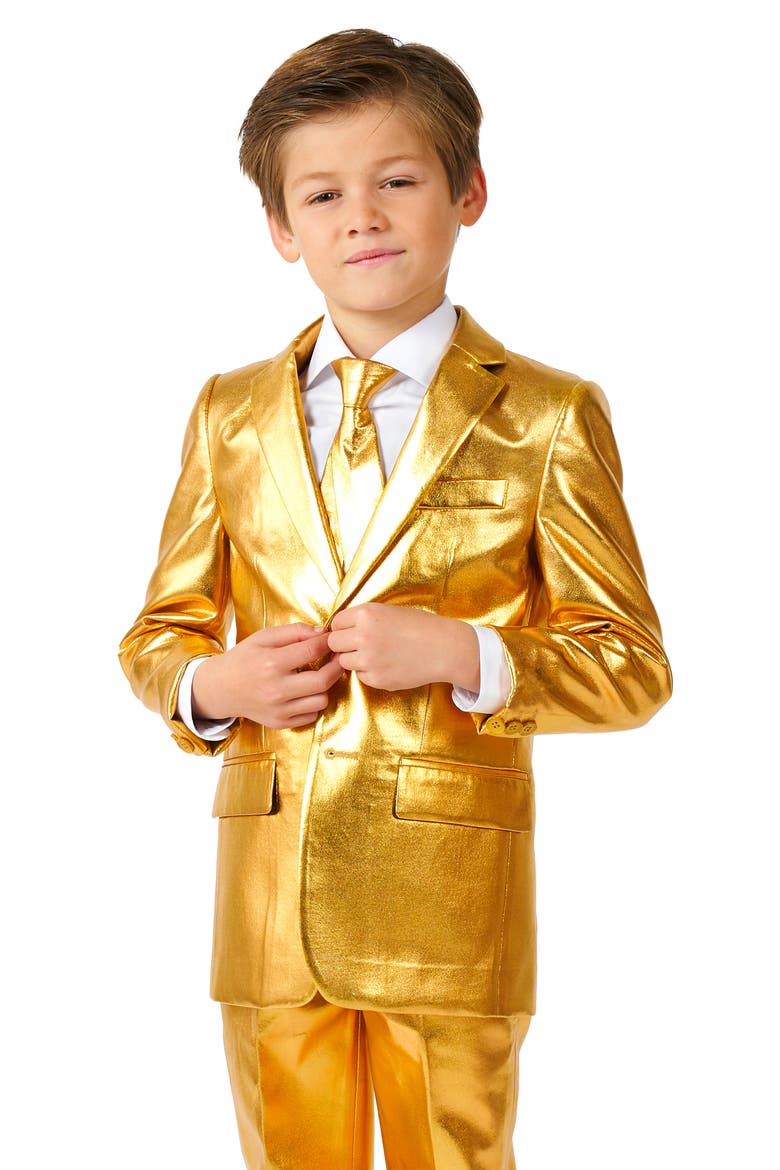Kids' Groovy Golden Metallic Two-Piece Suit & Tie, Alternate, color, GOLD