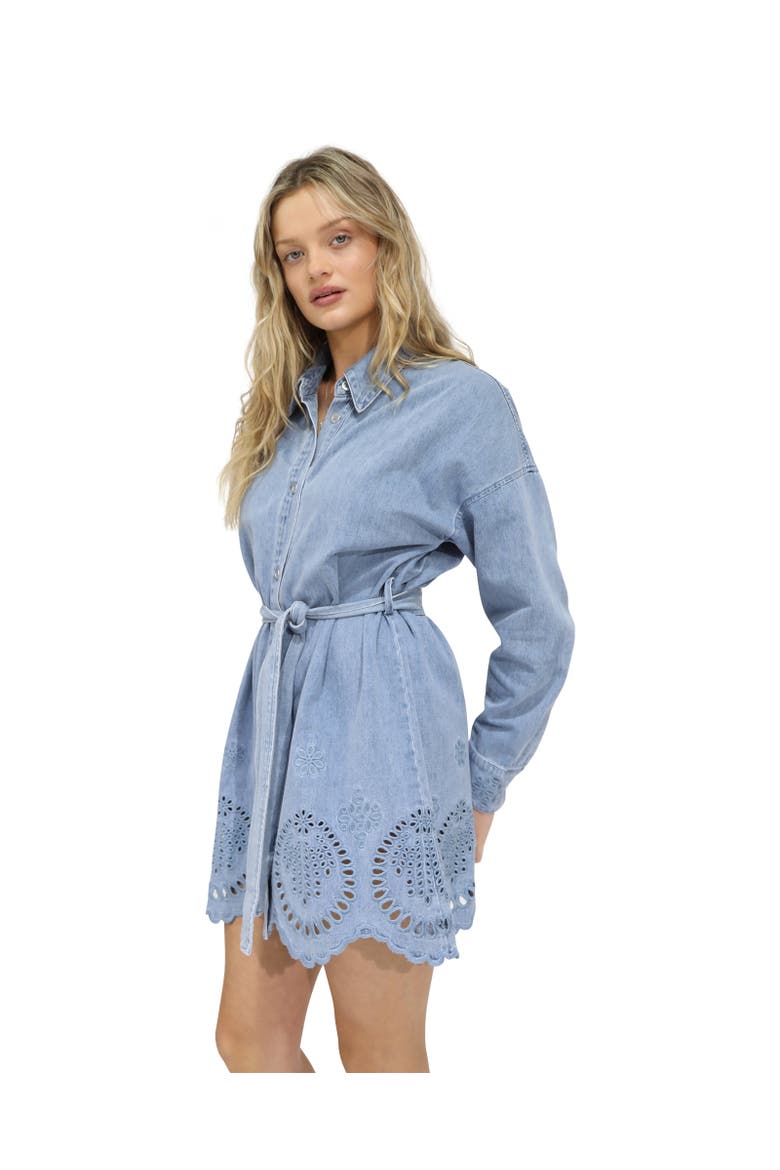 Sunday Somewhere Denim Broderie Mini Shirt Dress, Alternate, color, blue