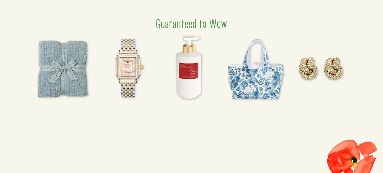 Guaranteed to wow. A folded blanket; a mixed-metal watch; a bottle of lotion; a floral tote; knotted earrings.