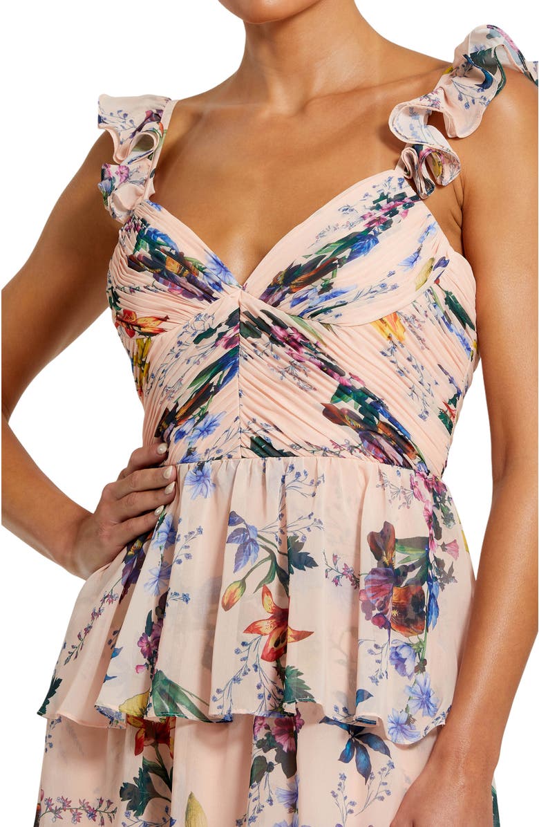 Mac Duggal Women
s Ruffle Sleeveless Chiffon Tiered Floral Print Gown, Alternate, color, Pink Multi