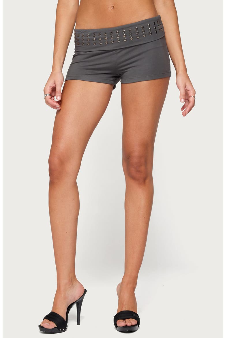 Amy Studded Foldover Shorts, Main, color, DARK-GRAY
