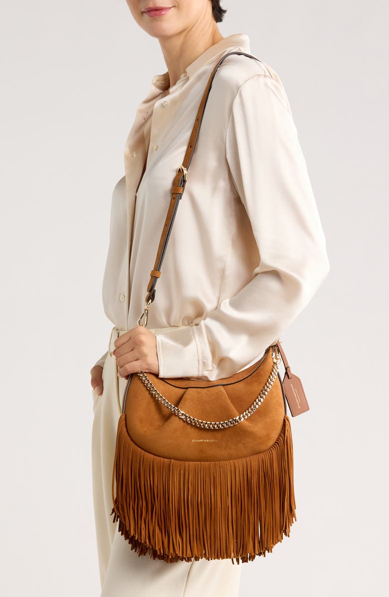 Stuart Weitzman Crescent Fringe Crossbody Bag, Alternate, color, Camel