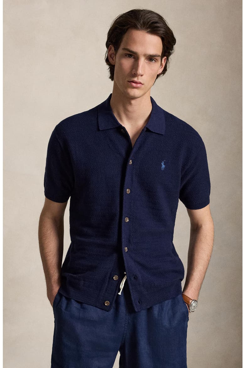 Short Sleeve Cotton Herringbone Full Button Cardigan, Alternate, color, BRIGHT NAVY