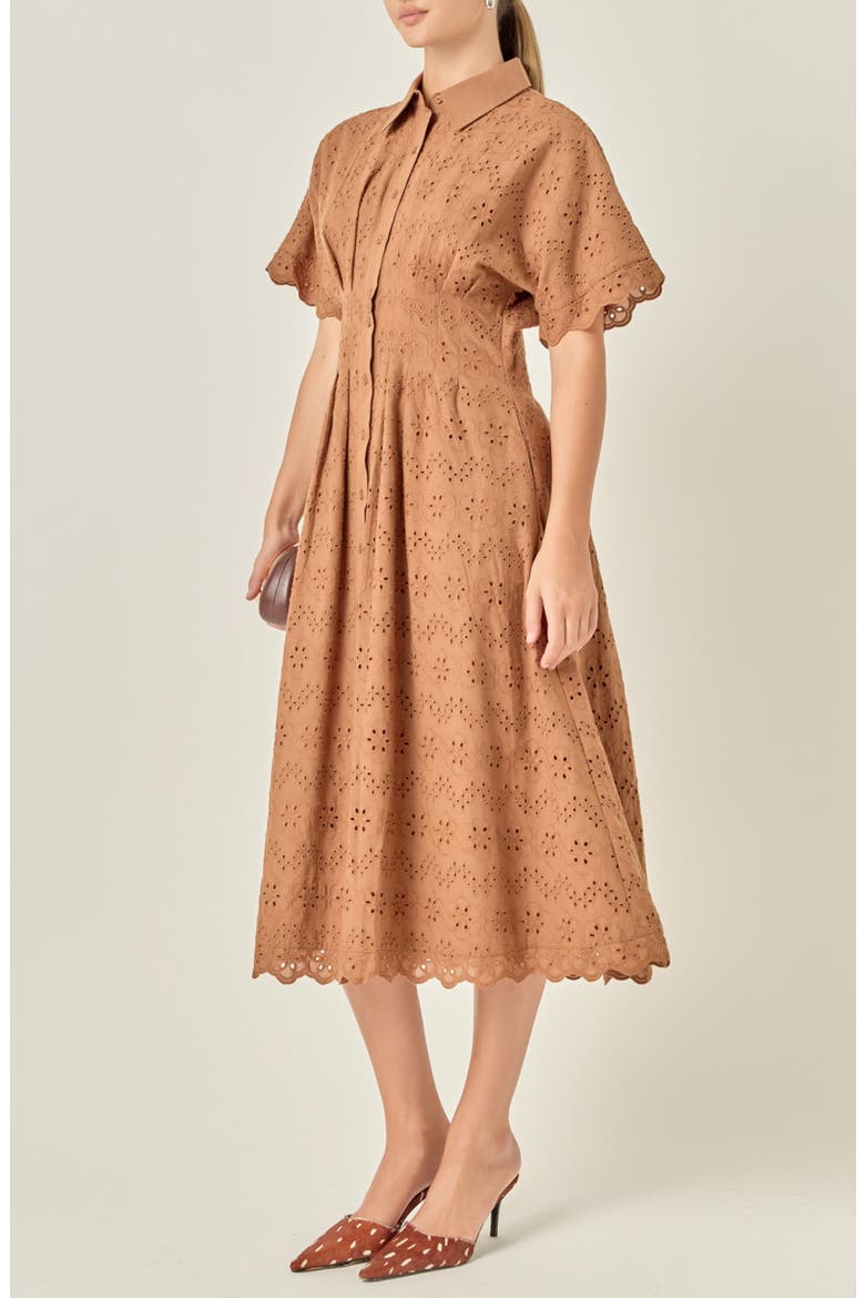 Eyelet Cinched Waist Midi Shirtdress, Alternate, color, BROWN
