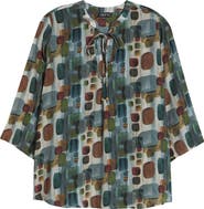 APNY Print Tassel Split Neck Chiffon Top