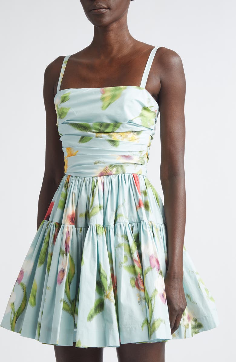Oscar de la Renta Chiné Floral Print Ruched Cotton Stretch Poplin Sundress, Alternate, color, Saltwater Multi