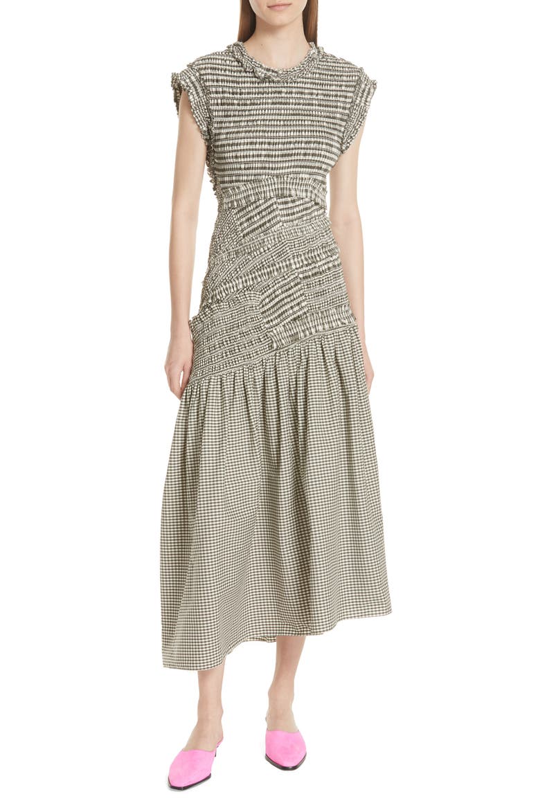 Gathered Gingham Drop Waist Dress, Main, color, SAGE OFF WHITE