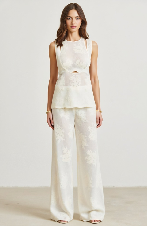 Sleeveless Textured Top and Sheer Floral Wide-Leg Pants Set