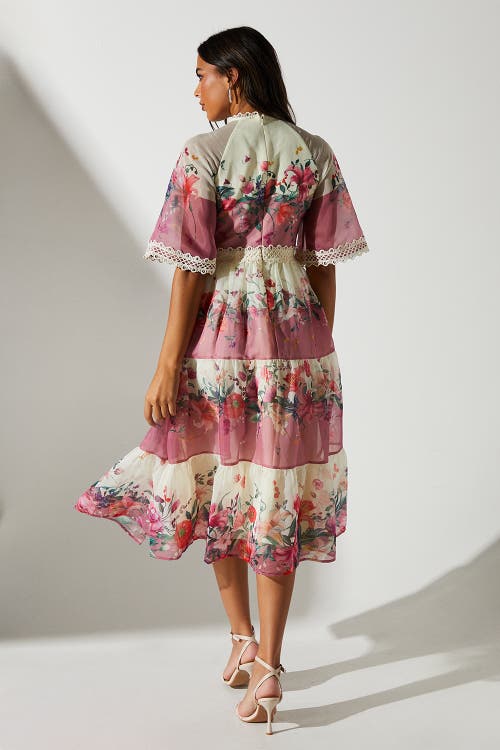 Coast Organza Floral Tiered Lace Trim Dress In Gold